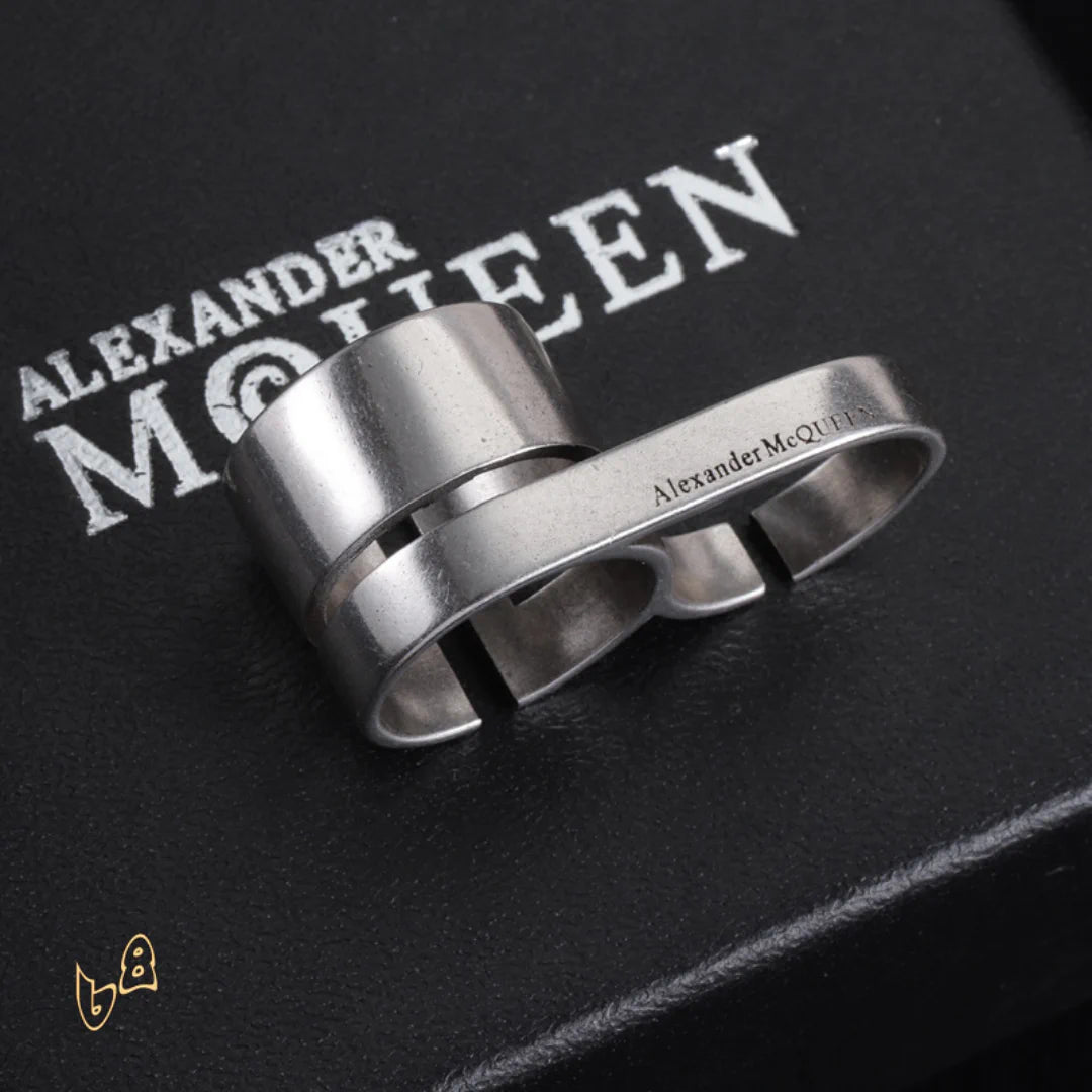 McQueen Double Logo-Engraved Antiqued Ring - MCQ0013 - Silver image