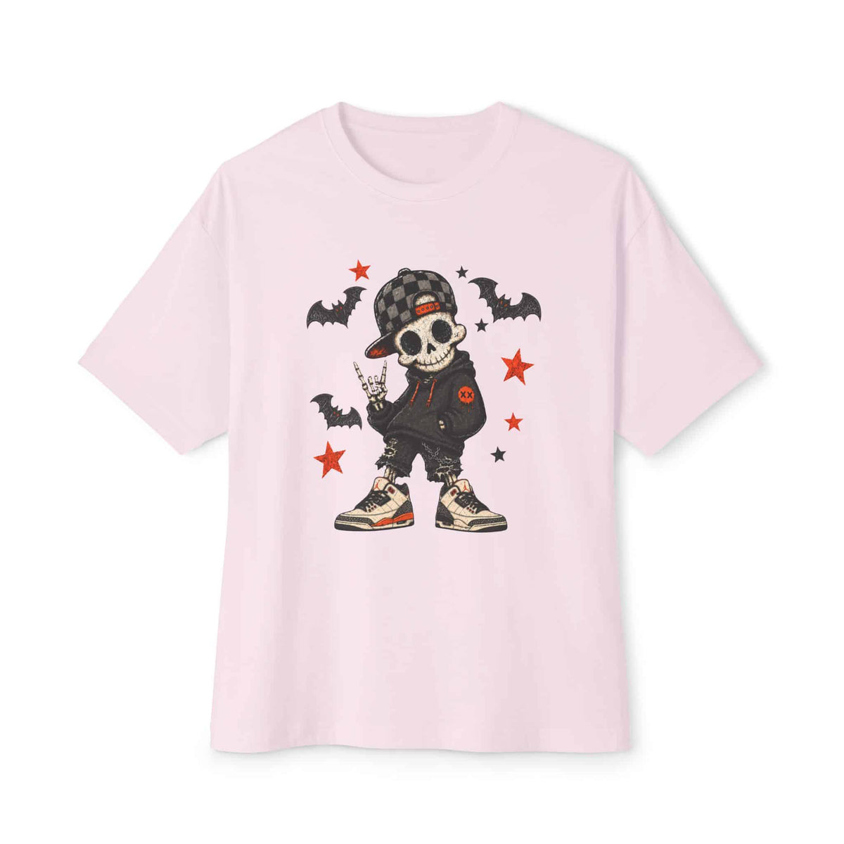 Boy Skeleton Halloween Unisex Oversized Boxy Tee - Soft Pink, 2XL image