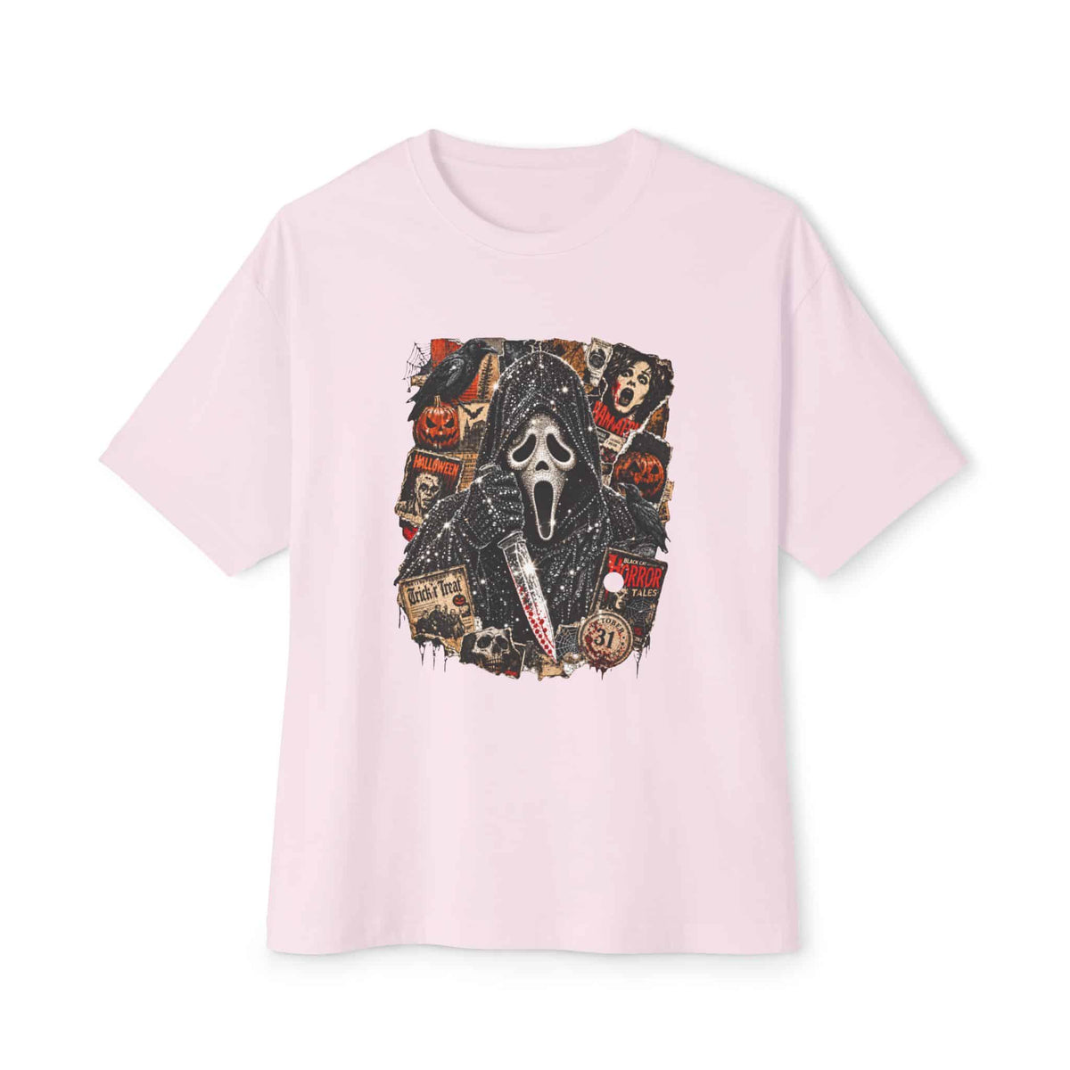 Halloween Horror Unisex Oversized Boxy Tee - Soft Pink, XL image