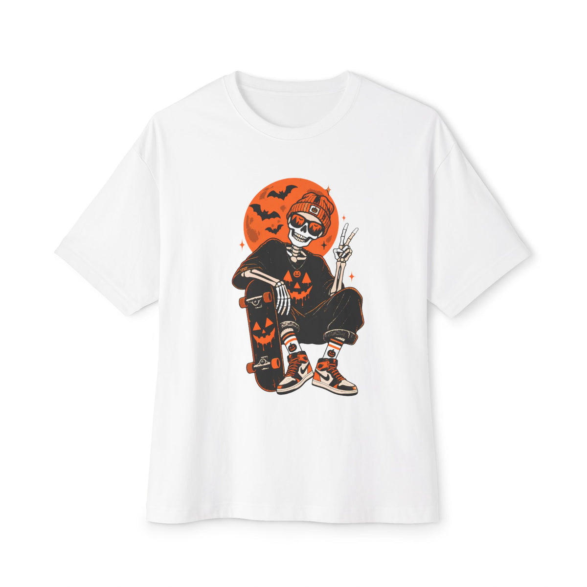 Retro Skater Skeleton Halloween Unisex Oversized Boxy Tee - White, S image