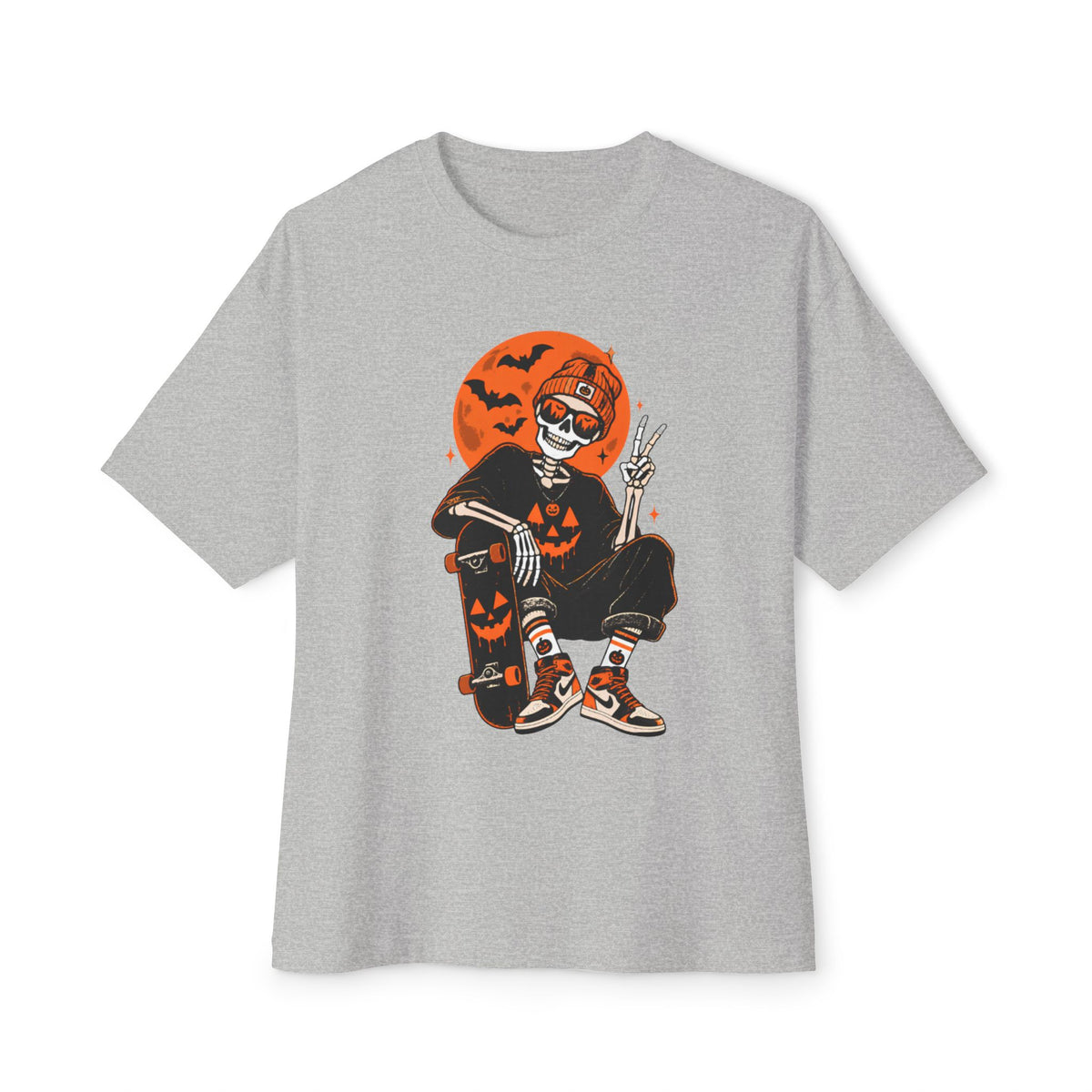 Retro Skater Skeleton Halloween Unisex Oversized Boxy Tee - Athletic Heather, S image