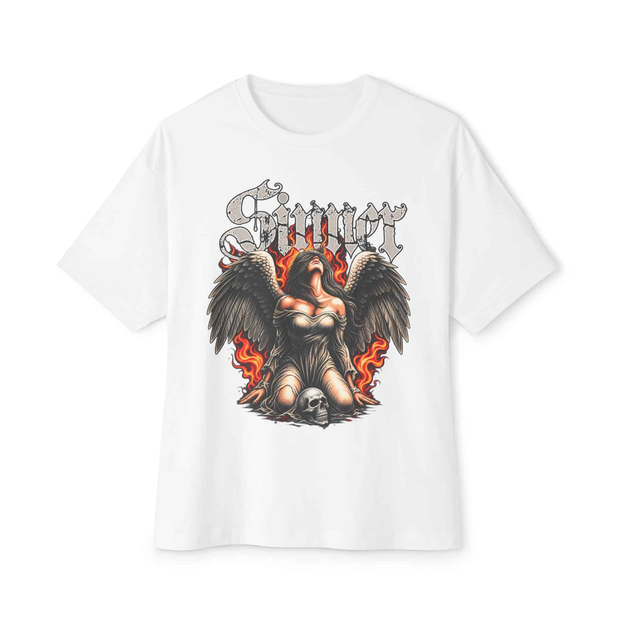 Sinner’s Flame Unisex Oversized Boxy Tee - White, XS image