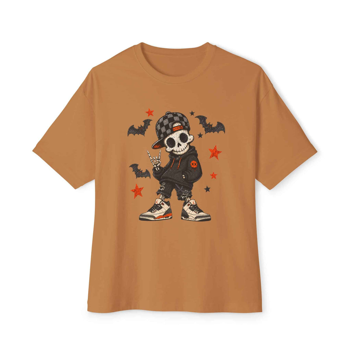 Boy Skeleton Halloween Unisex Oversized Boxy Tee - Toast, S image