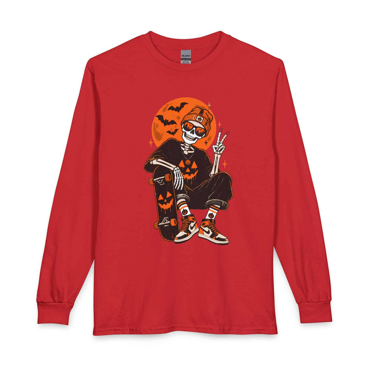 Retro Skater Skeleton Halloween Long Sleeve T-Shirt image