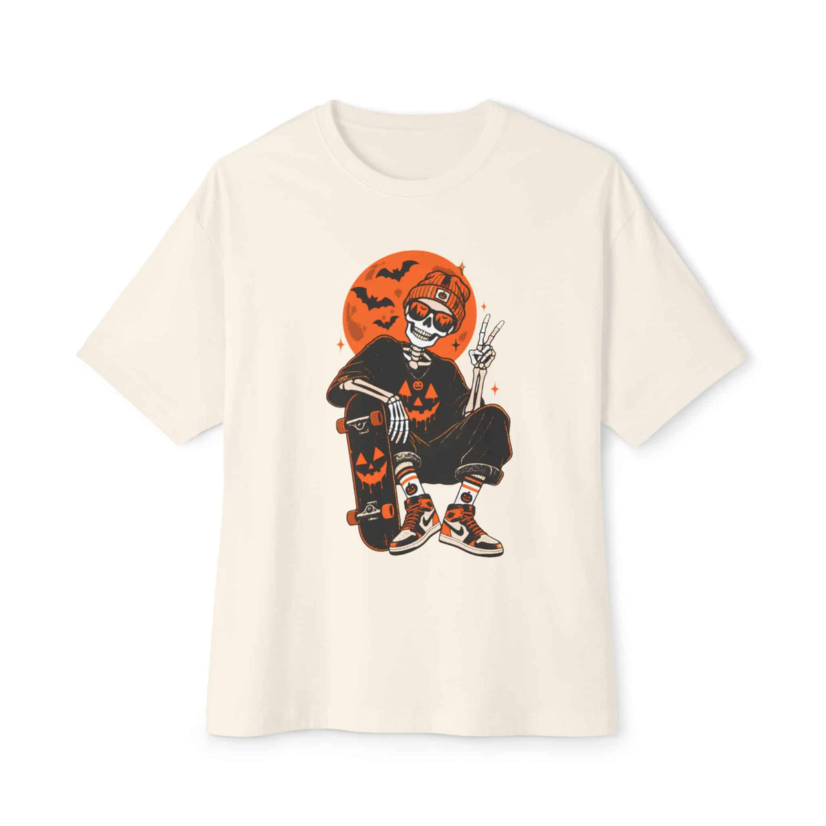 Retro Skater Skeleton Halloween Unisex Oversized Boxy Tee - Natural, 2XL image