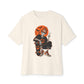 Retro Skater Skeleton Halloween Unisex Oversized Boxy Tee - Natural, S image