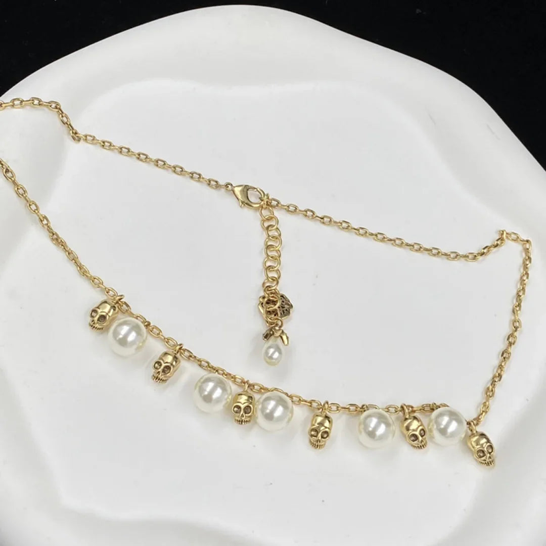McQueen Skull Pearl Pendant Necklace - MC0009 - Gold image