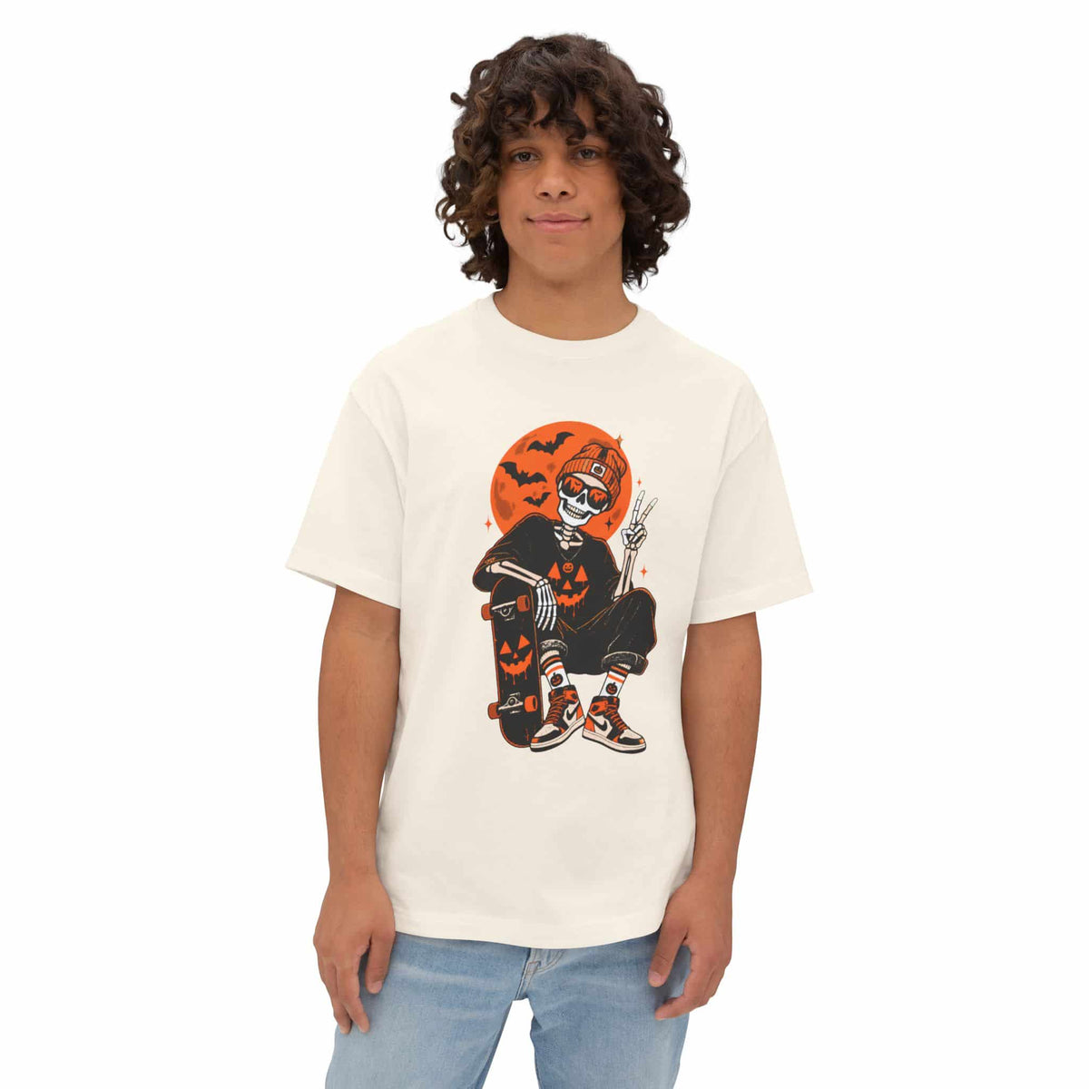 Retro Skater Skeleton Halloween Unisex Oversized Boxy Tee image 13