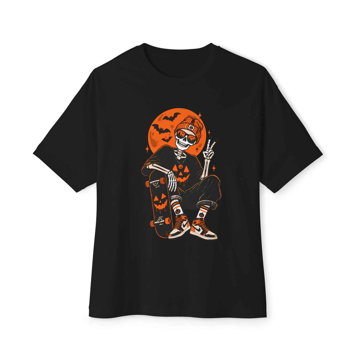 Retro Skater Skeleton Halloween Unisex Oversized Boxy Tee - Black, S image