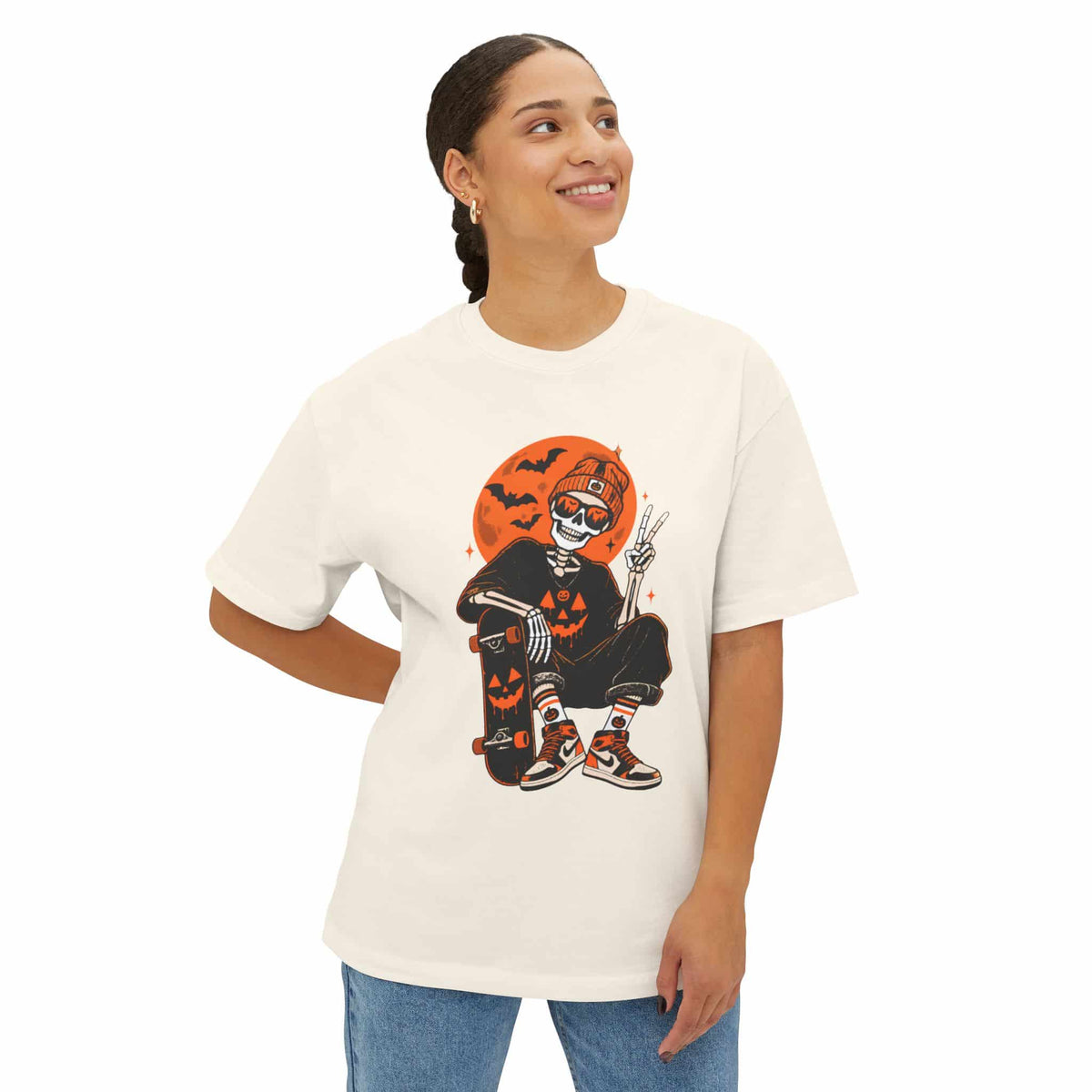 Retro Skater Skeleton Halloween Unisex Oversized Boxy Tee image 12