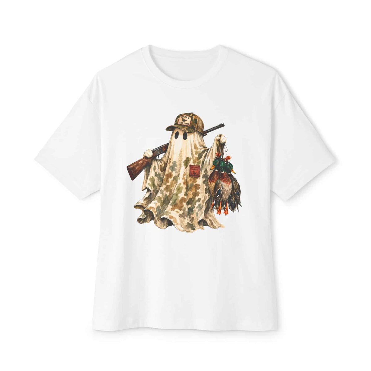 Hunting Season Spooky Camo Mallards Unisex Oversized Boxy Tee - White, 2XL image
