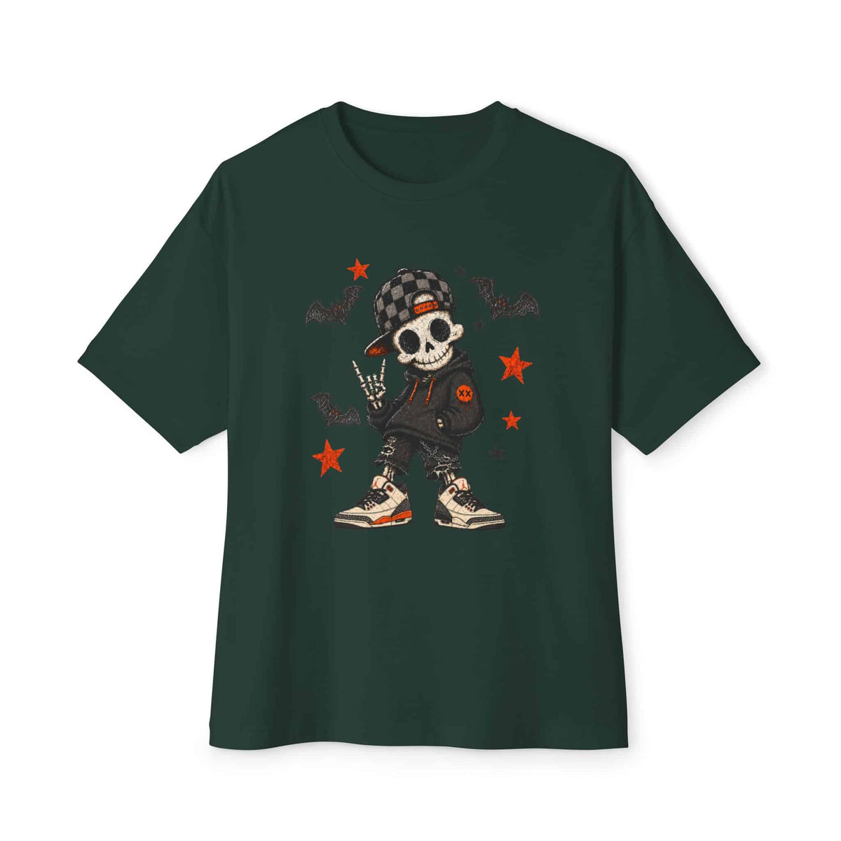 Boy Skeleton Halloween Unisex Oversized Boxy Tee - Forest, L image