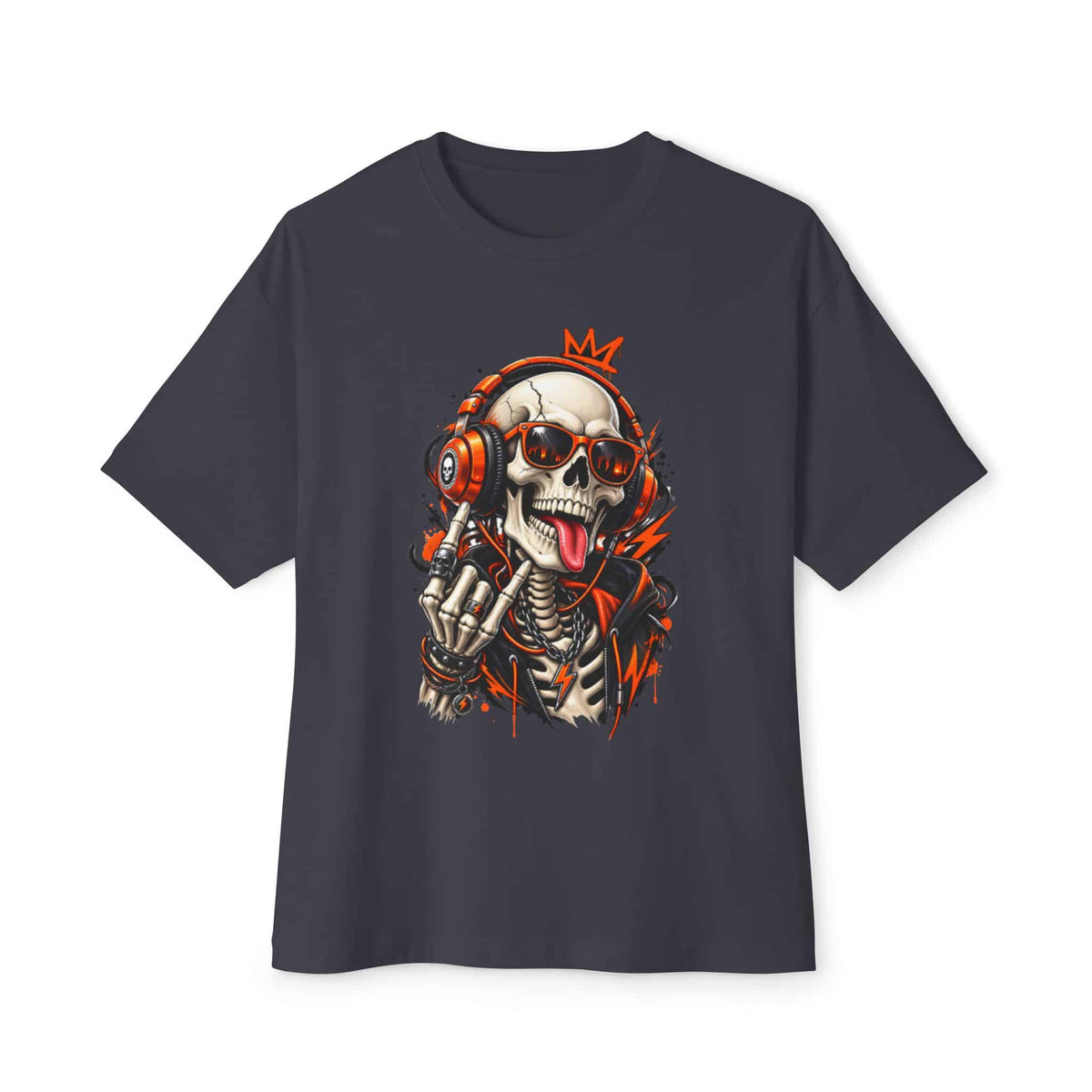 Neon Skull DJ Unisex Oversized Boxy Tee - Dark Grey, L image