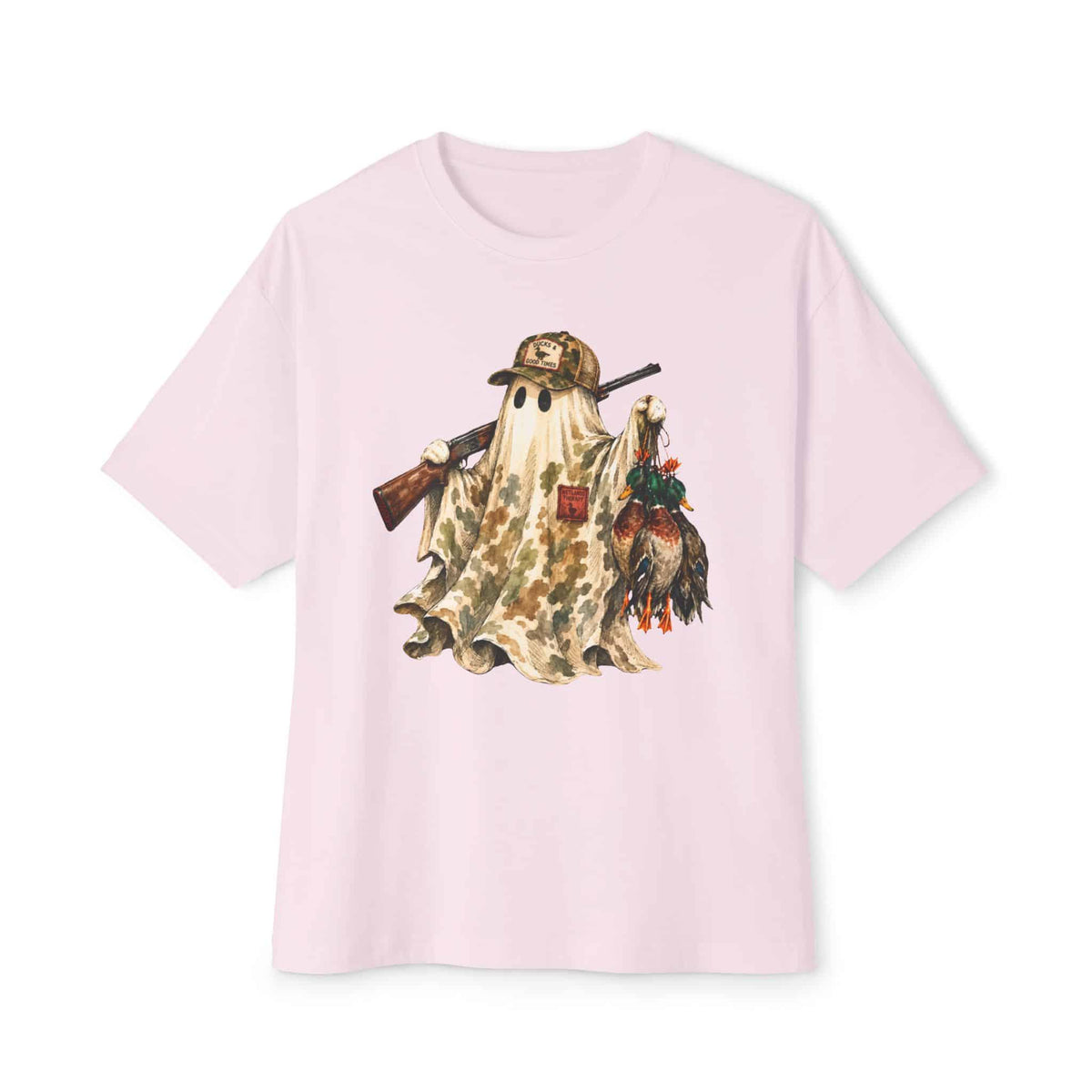 Hunting Season Spooky Camo Mallards Unisex Oversized Boxy Tee - Soft Pink, M image