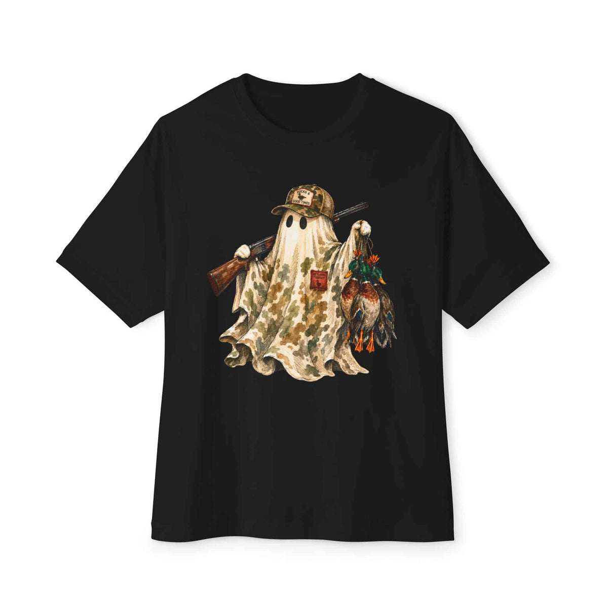 Hunting Season Spooky Camo Mallards Unisex Oversized Boxy Tee - Black, S image