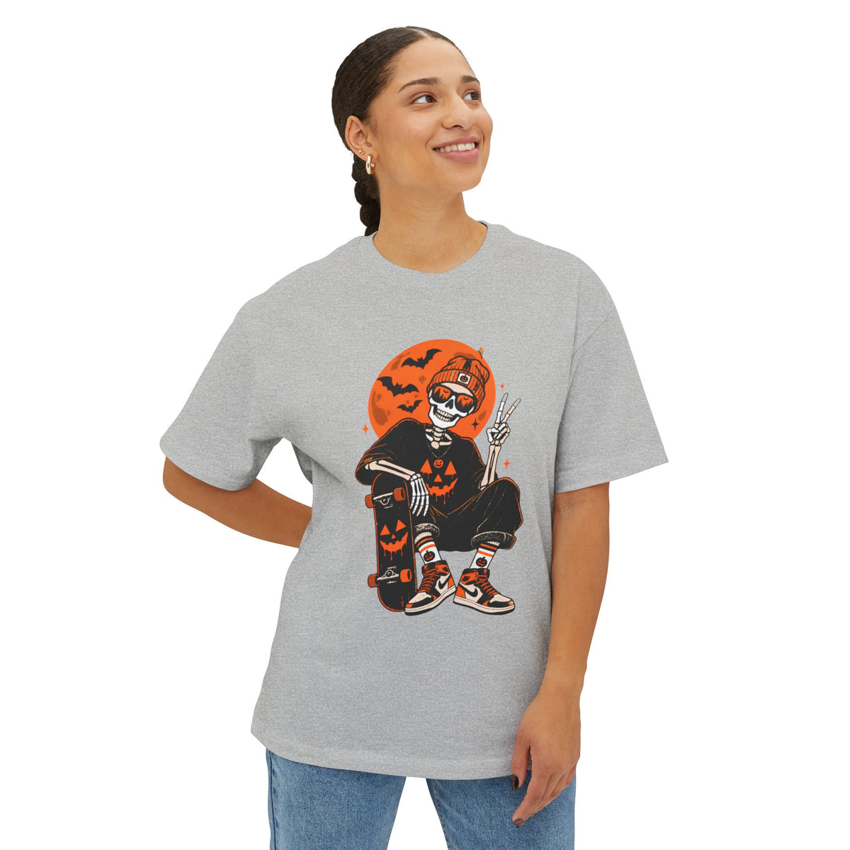 Retro Skater Skeleton Halloween Unisex Oversized Boxy Tee image 27