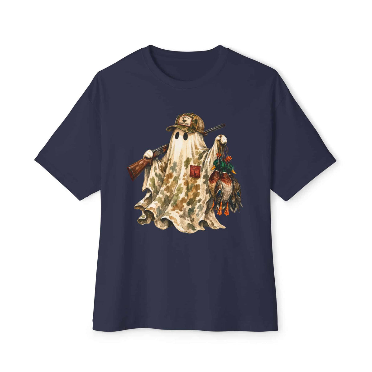 Hunting Season Spooky Camo Mallards Unisex Oversized Boxy Tee - Navy, L image