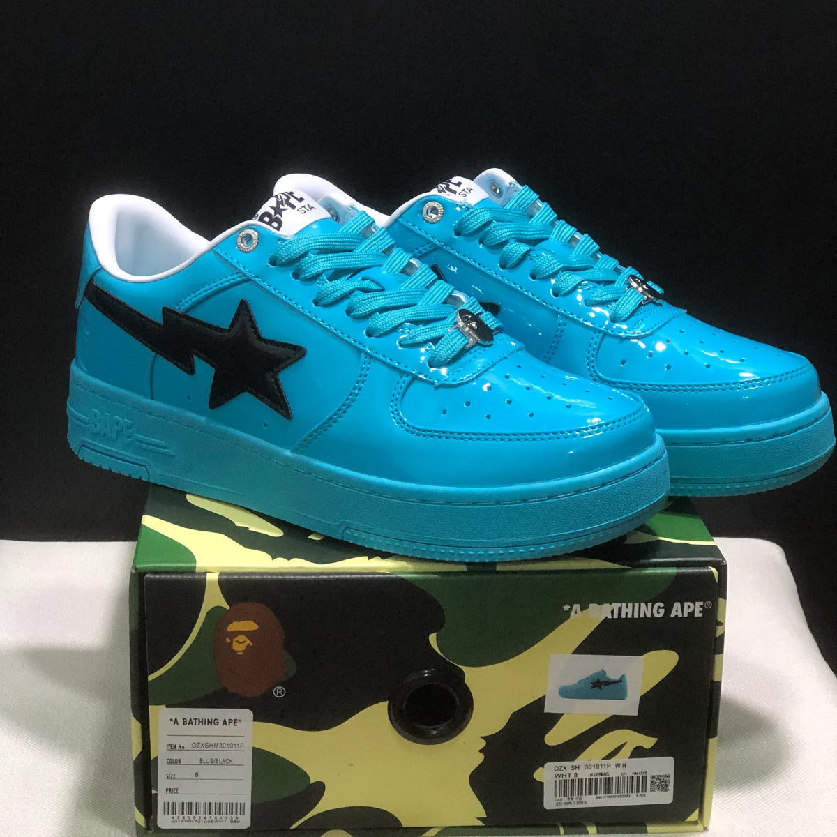 A Bathing Ape Bape Sta #1 Turquoise Blue Black Patent Leather Shoes Sneakers - nk0005515 image 9
