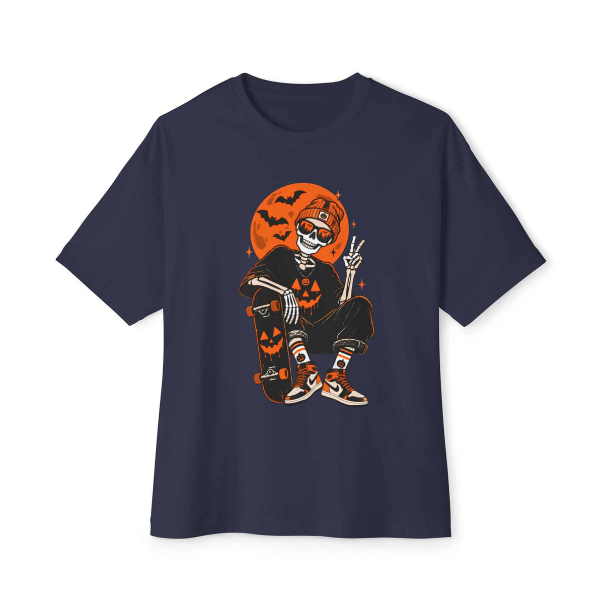 Retro Skater Skeleton Halloween Unisex Oversized Boxy Tee - Navy, XL image