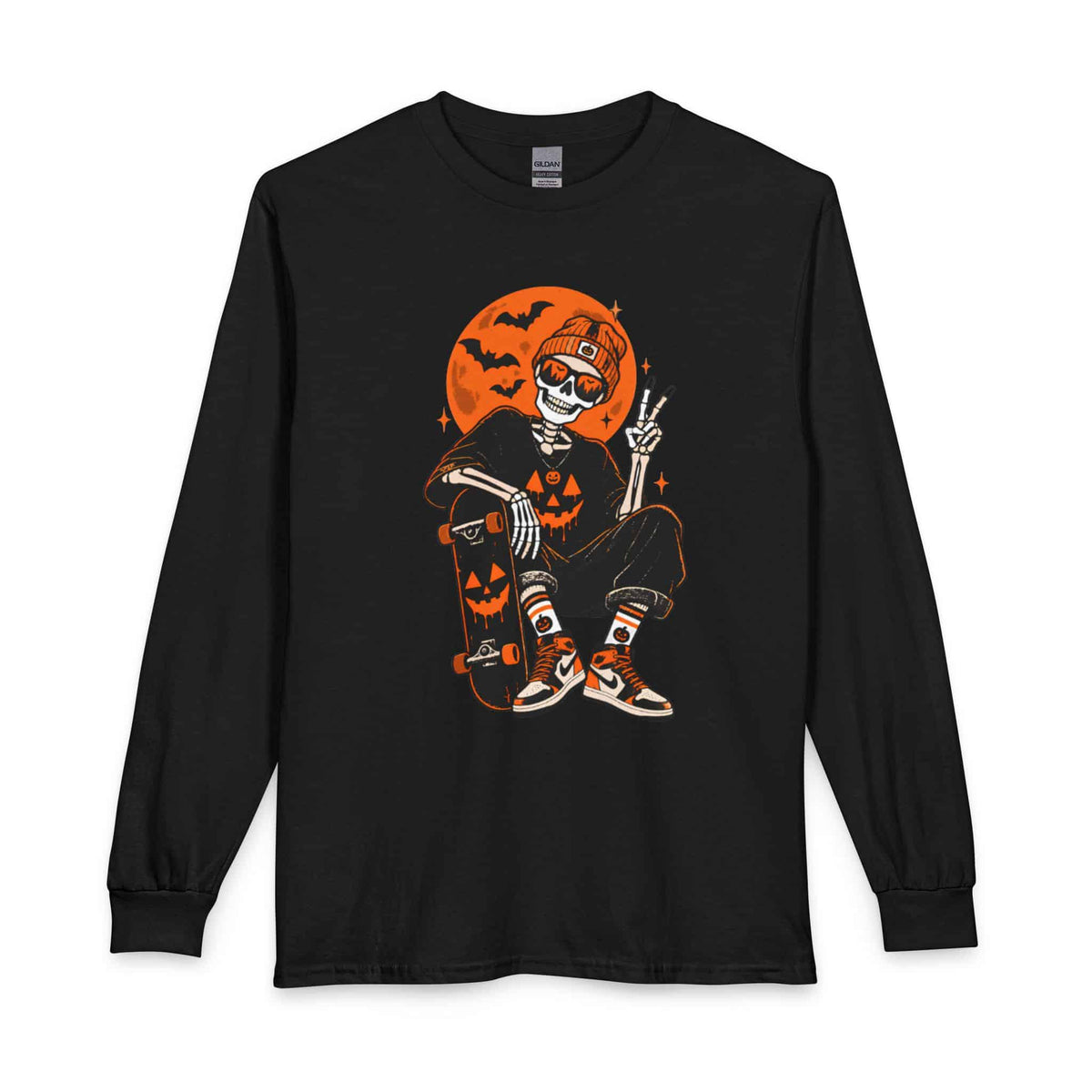 Retro Skater Skeleton Halloween Long Sleeve T-Shirt image