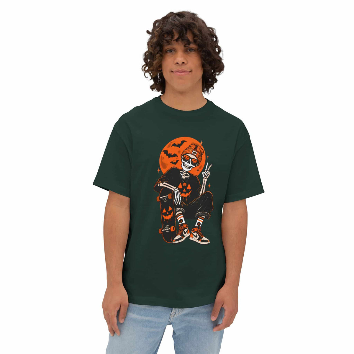 Retro Skater Skeleton Halloween Unisex Oversized Boxy Tee image 23