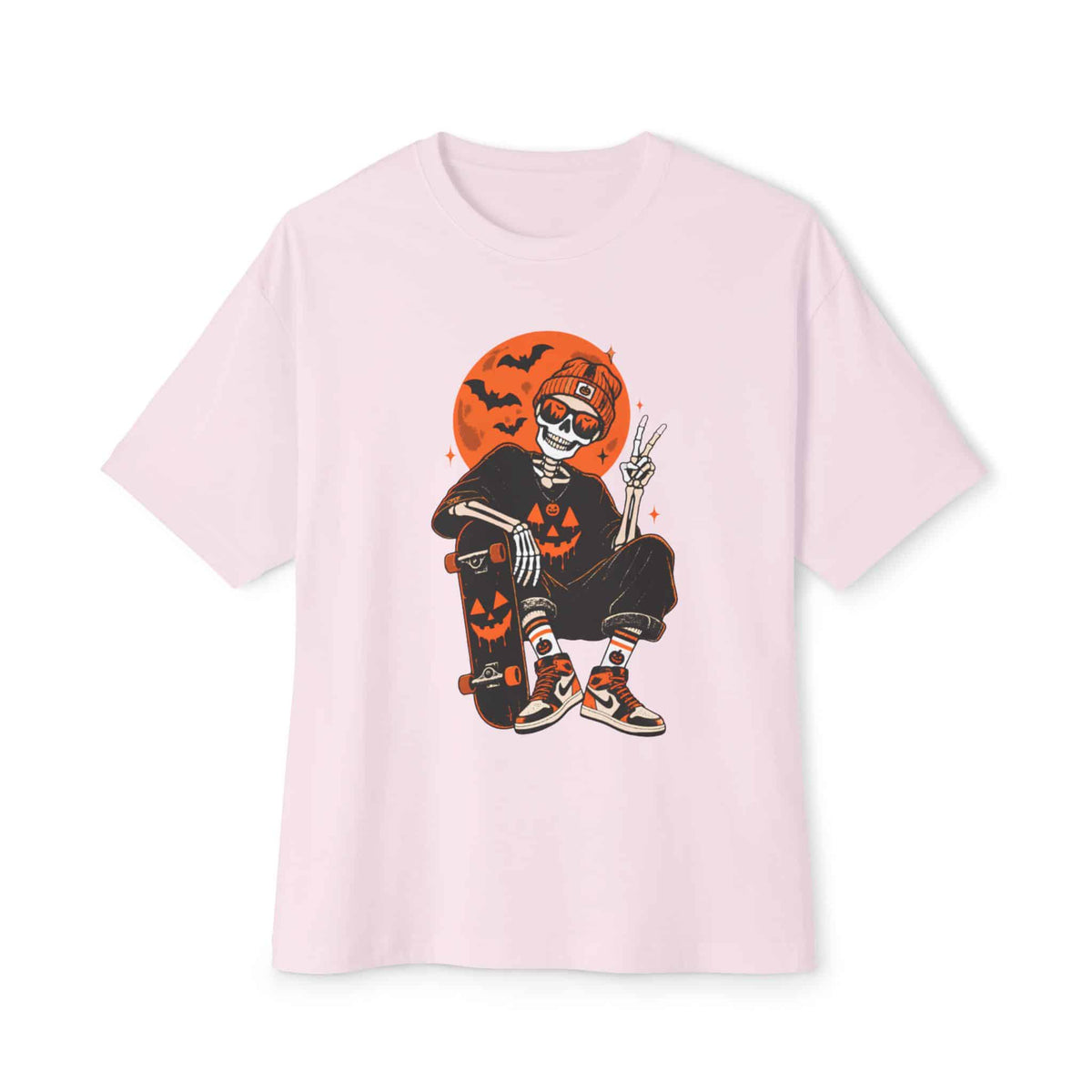 Retro Skater Skeleton Halloween Unisex Oversized Boxy Tee - Soft Pink, S image