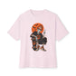 Retro Skater Skeleton Halloween Unisex Oversized Boxy Tee - Soft Pink, M image