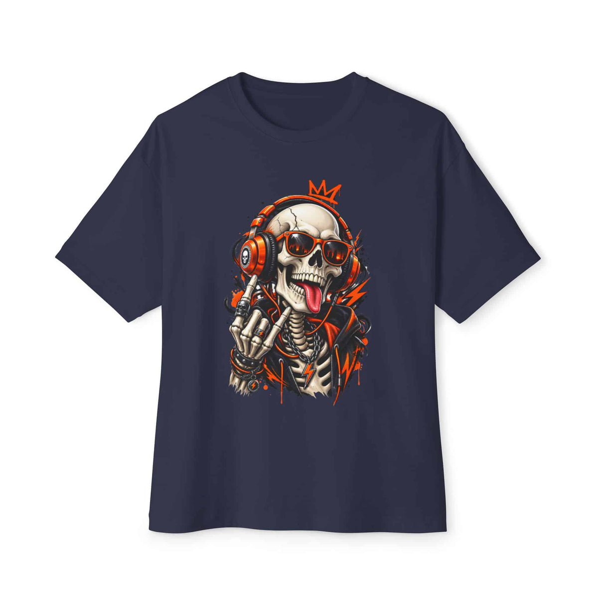 Neon Skull DJ Unisex Oversized Boxy Tee - Navy, S image