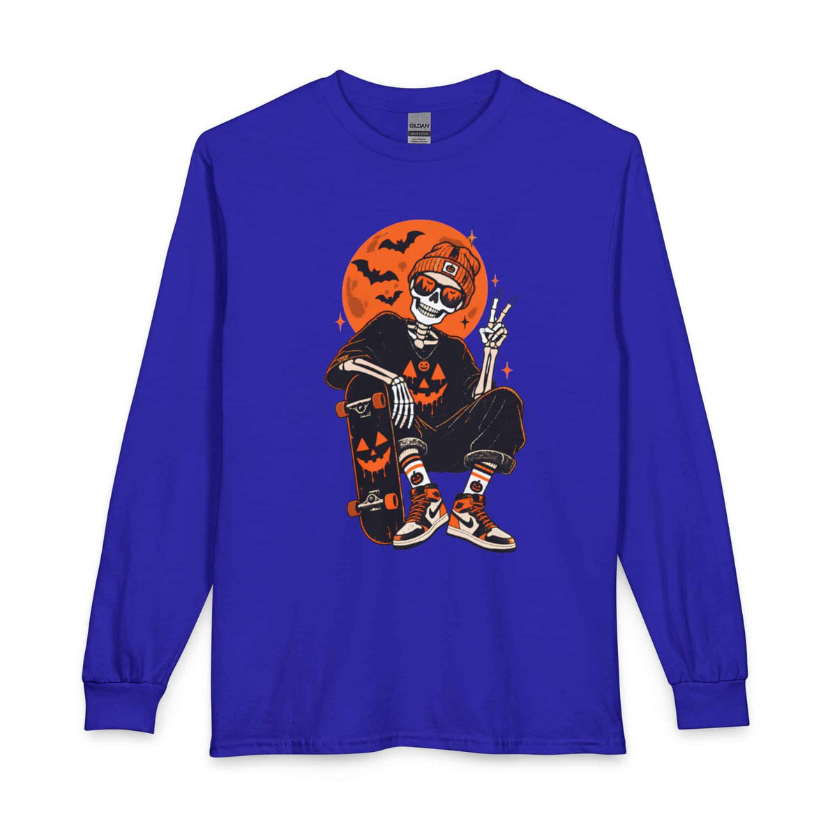 Retro Skater Skeleton Halloween Long Sleeve T-Shirt image