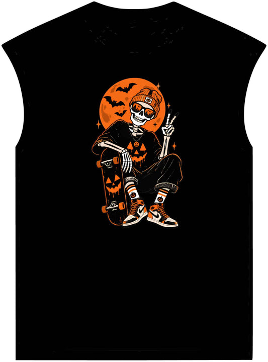 Retro Skater Skeleton Halloween Unisex Garment-Dyed Muscle Tee image 0