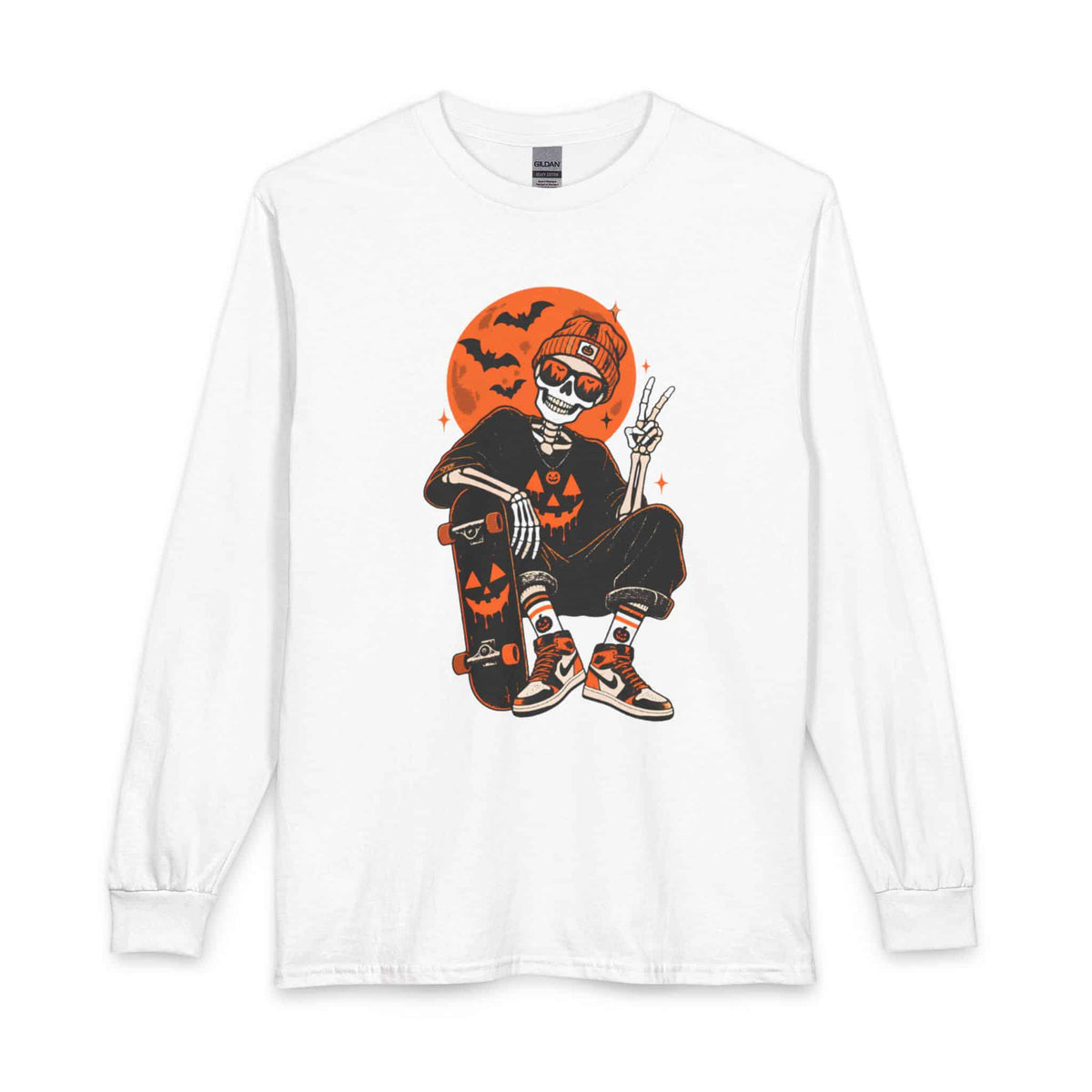 Retro Skater Skeleton Halloween Long Sleeve T-Shirt image