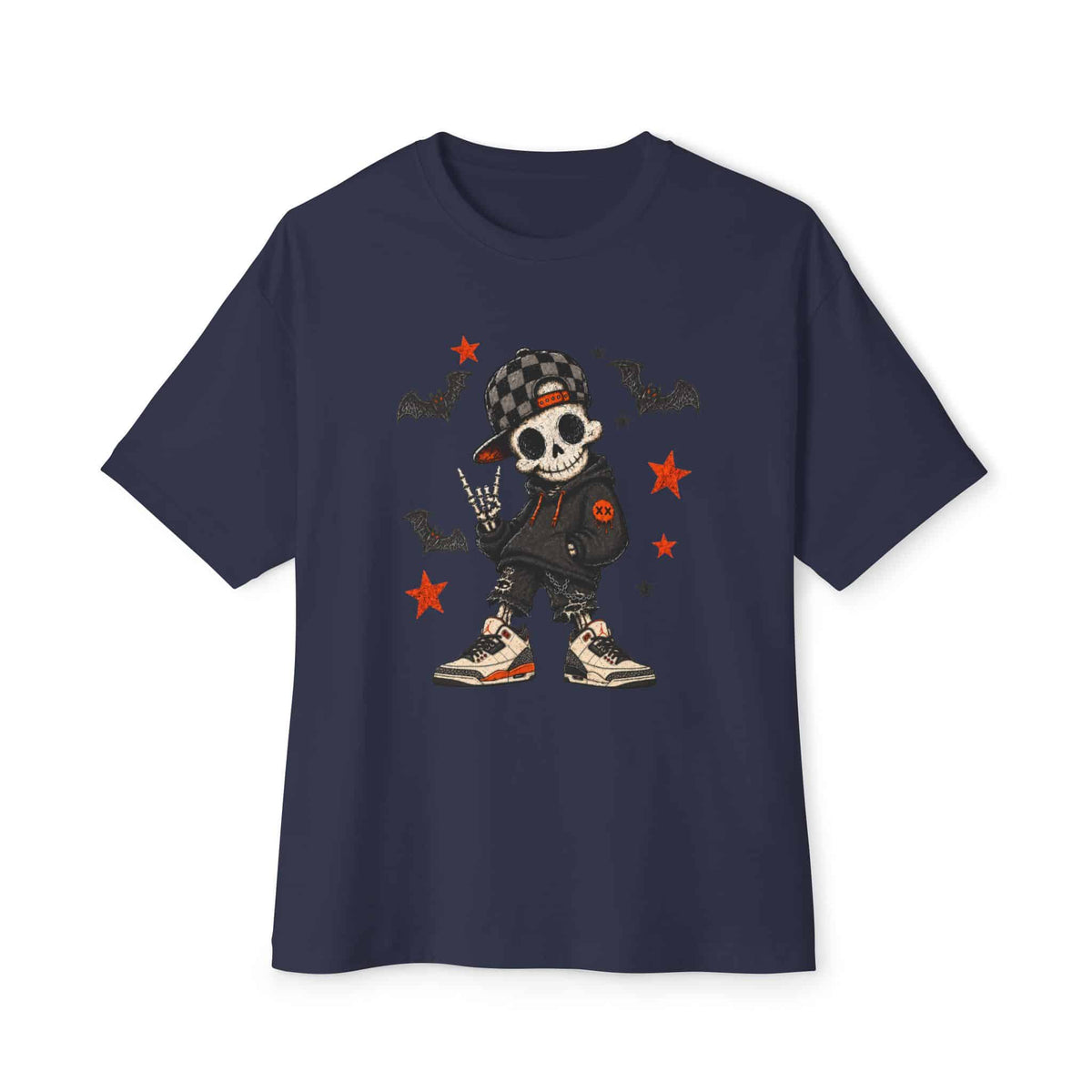 Boy Skeleton Halloween Unisex Oversized Boxy Tee - Navy, M image
