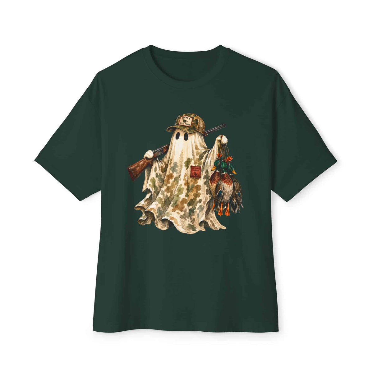 Hunting Season Spooky Camo Mallards Unisex Oversized Boxy Tee - Forest, L image