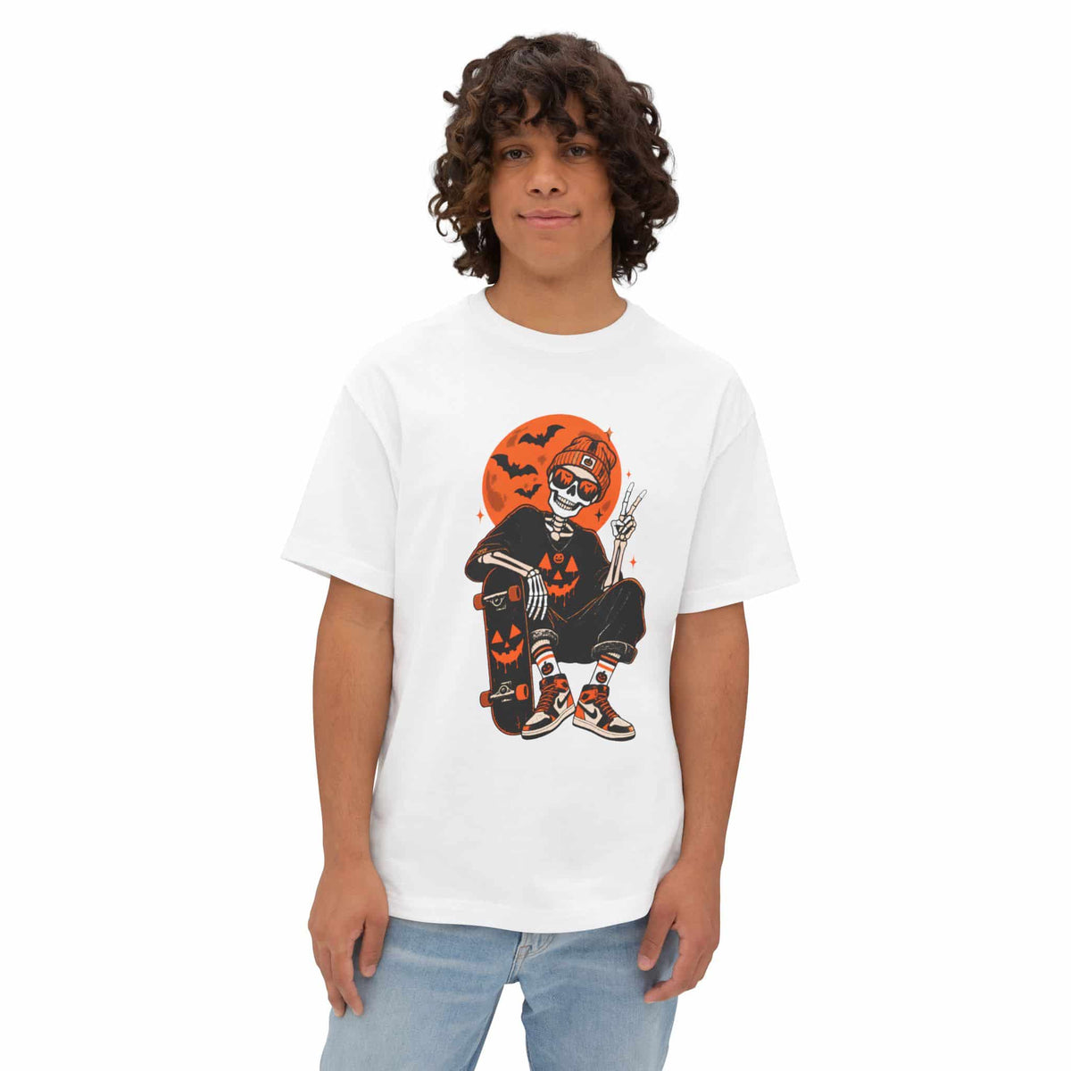 Retro Skater Skeleton Halloween Unisex Oversized Boxy Tee image 38