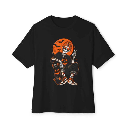 Retro Skater Skeleton Halloween Unisex Oversized Boxy Tee image 0