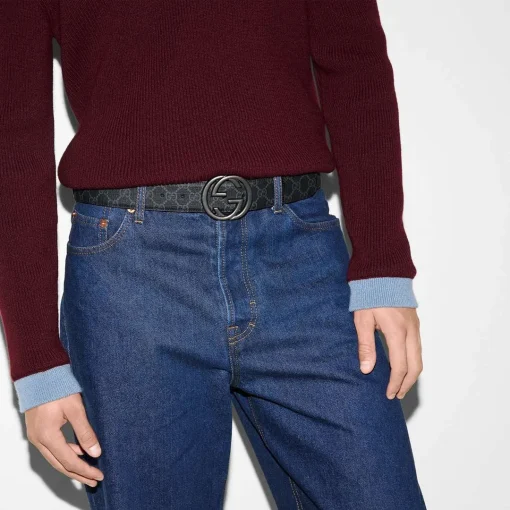 GG belt with Interlocking G buckle in black Supreme canvas - Image 4