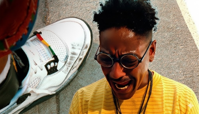 Buggin Out scuffing his Jordan 4 White Cement in the 1989 film Do The Right Thing, a legendary moment in sneaker culture now featured at Dopekicksworld