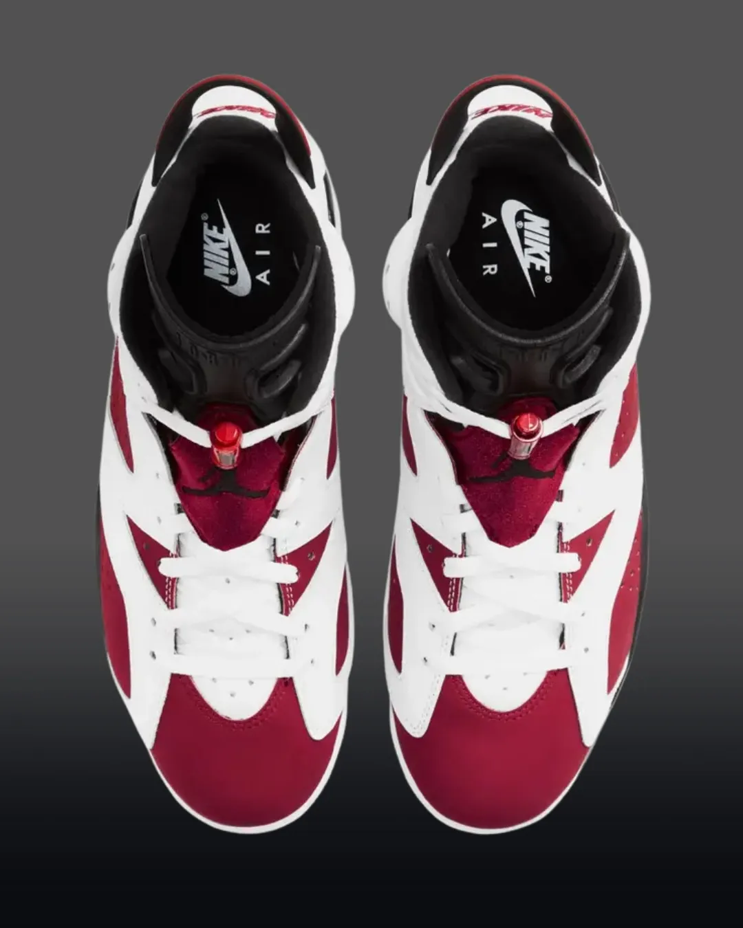 aj 6 carmine top view lace lock and tongue detail