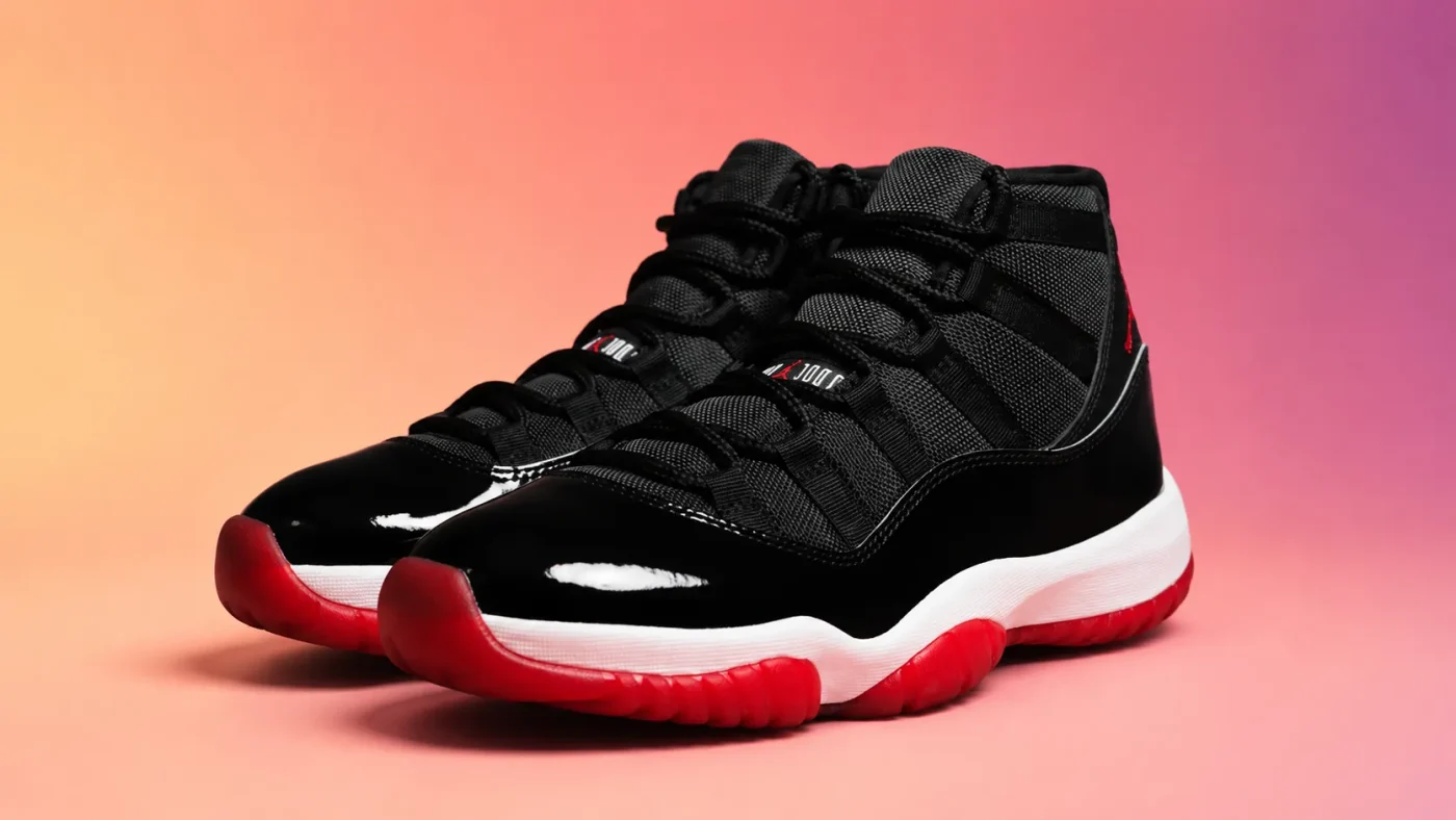 AJ11 Bred black red and white sneakers with patent leather front view
