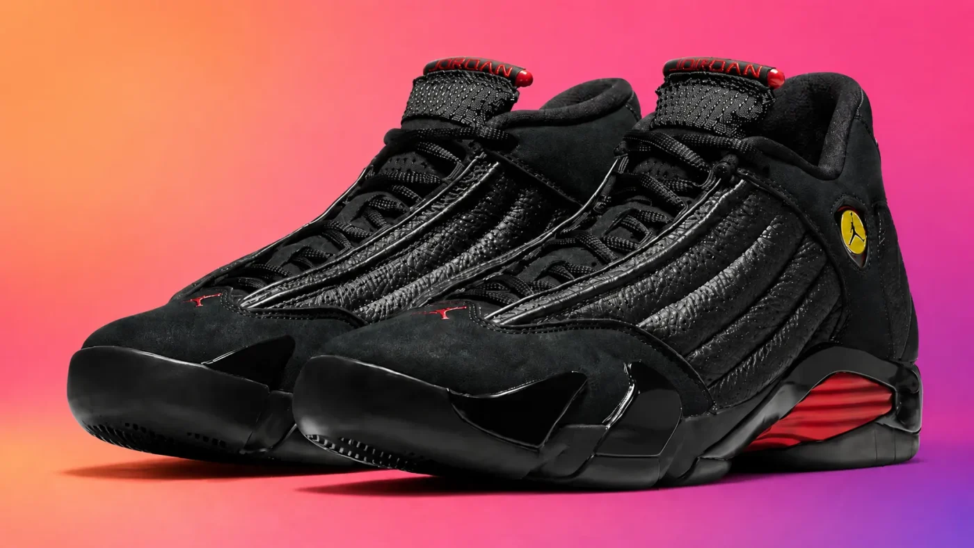 AJ14 Last Shot black and red sneakers front view on gradient background