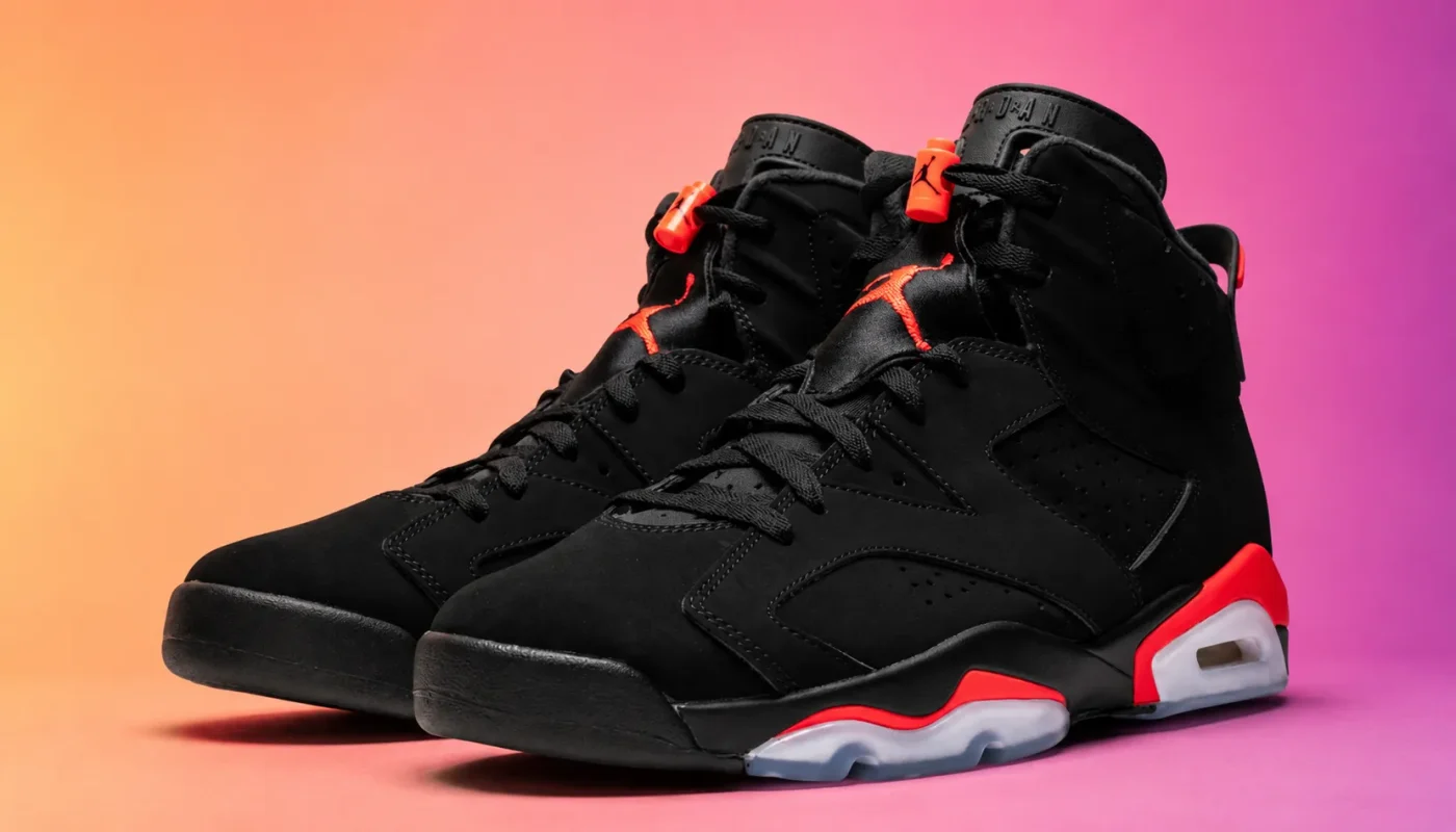 AJ6 Black Infrared black and red sneakers front view on gradient background