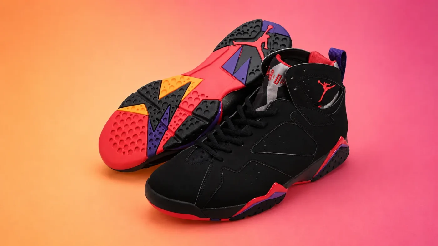 AJ7 Raptors black red and purple sneakers with outsole detail on gradient background