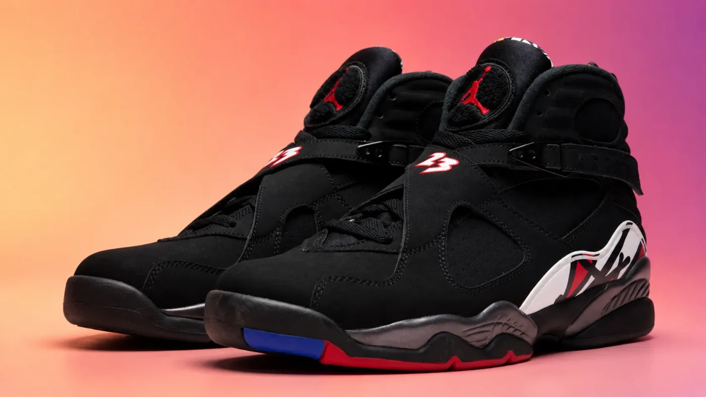 AJ8 Playoffs black red and white sneakers with cross strap front view