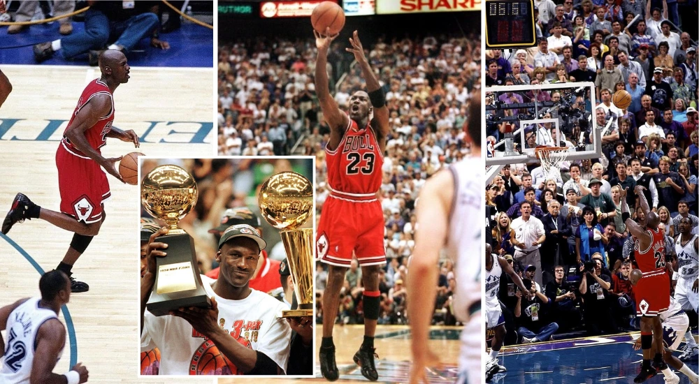 Michael Jordan wearing Air Jordan 14 during the 1998 NBA Finals Last Shot