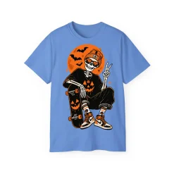 Retro Skater Skeleton Halloween T-Shirt – POD0020 - Image 3