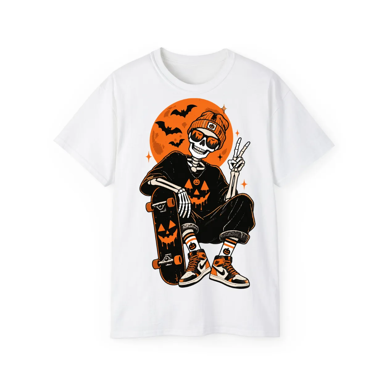 Retro Skater Skeleton Halloween T-Shirt – POD0020 - Image 4