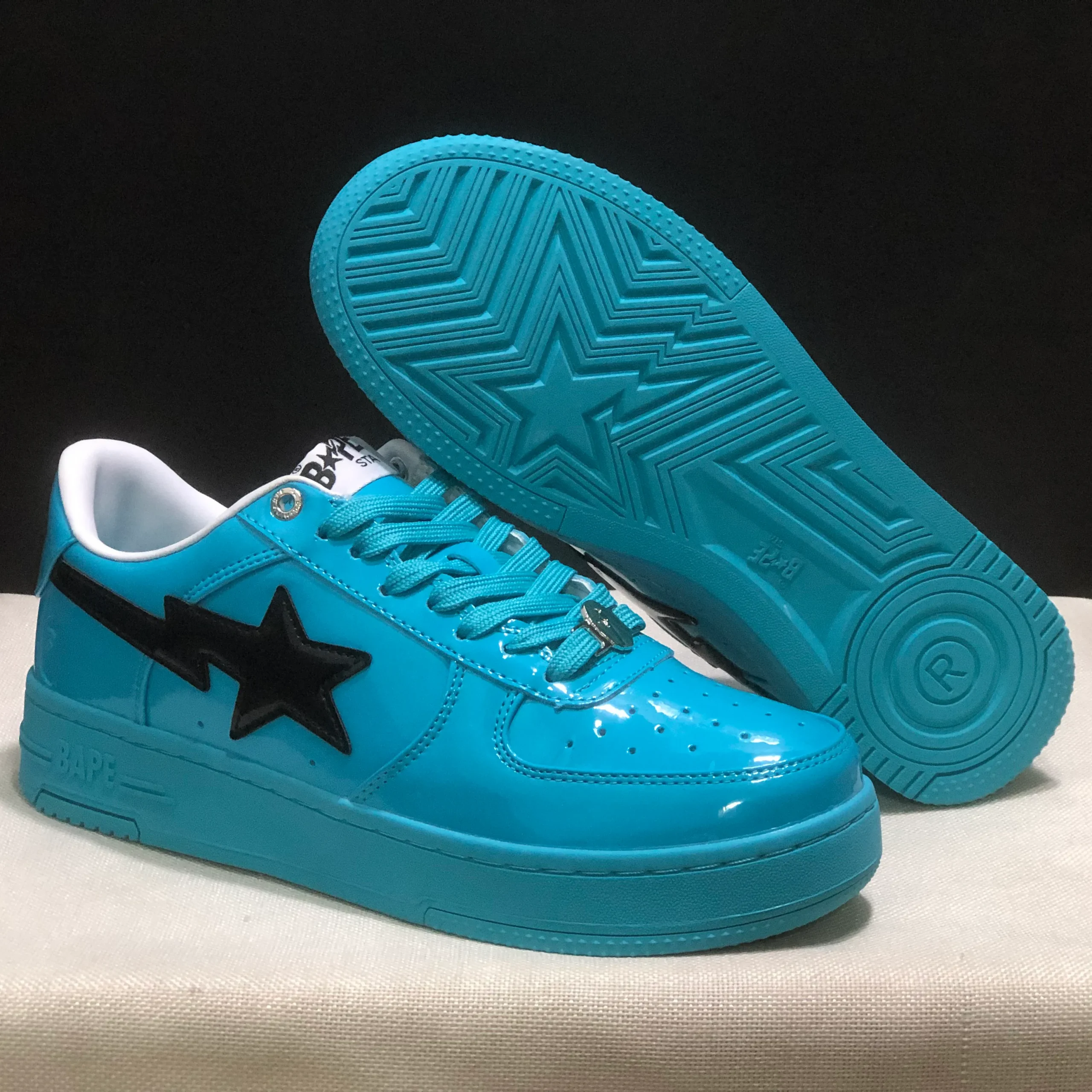 A Bathing Ape Bape Sta #1 Turquoise Blue Black Patent Leather Shoes Sneakers - nk0005515 - Image 7