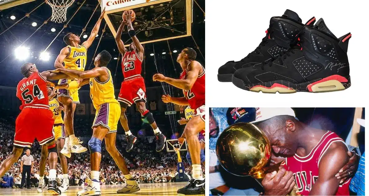 Michael Jordan wearing Air Jordan 6 during his first NBA championship in 1991